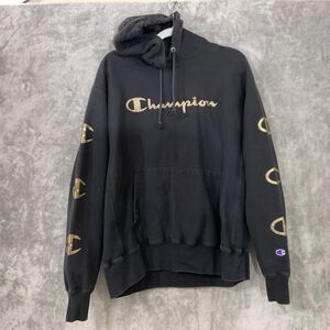 Champion Reverse Weave Hoodie Black Gold Unisex Adult L Pocket Logo Spellout